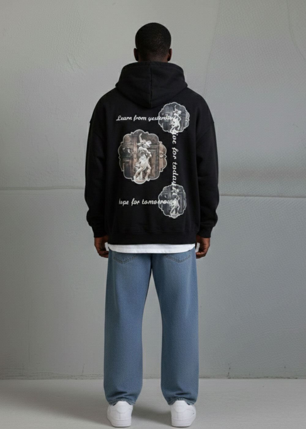 Learn / Live / Hope Oversized Hoodie με Renaissance Art & Quote Εσωτερική Επένδυση – Μαύρο