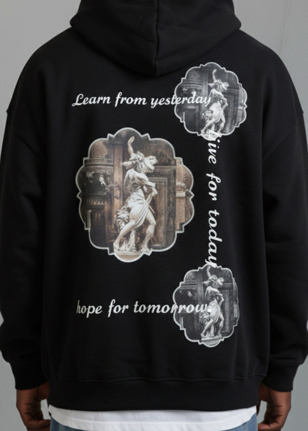 Learn / Live / Hope Oversized Hoodie με Renaissance Art & Quote Εσωτερική Επένδυση – Μαύρο