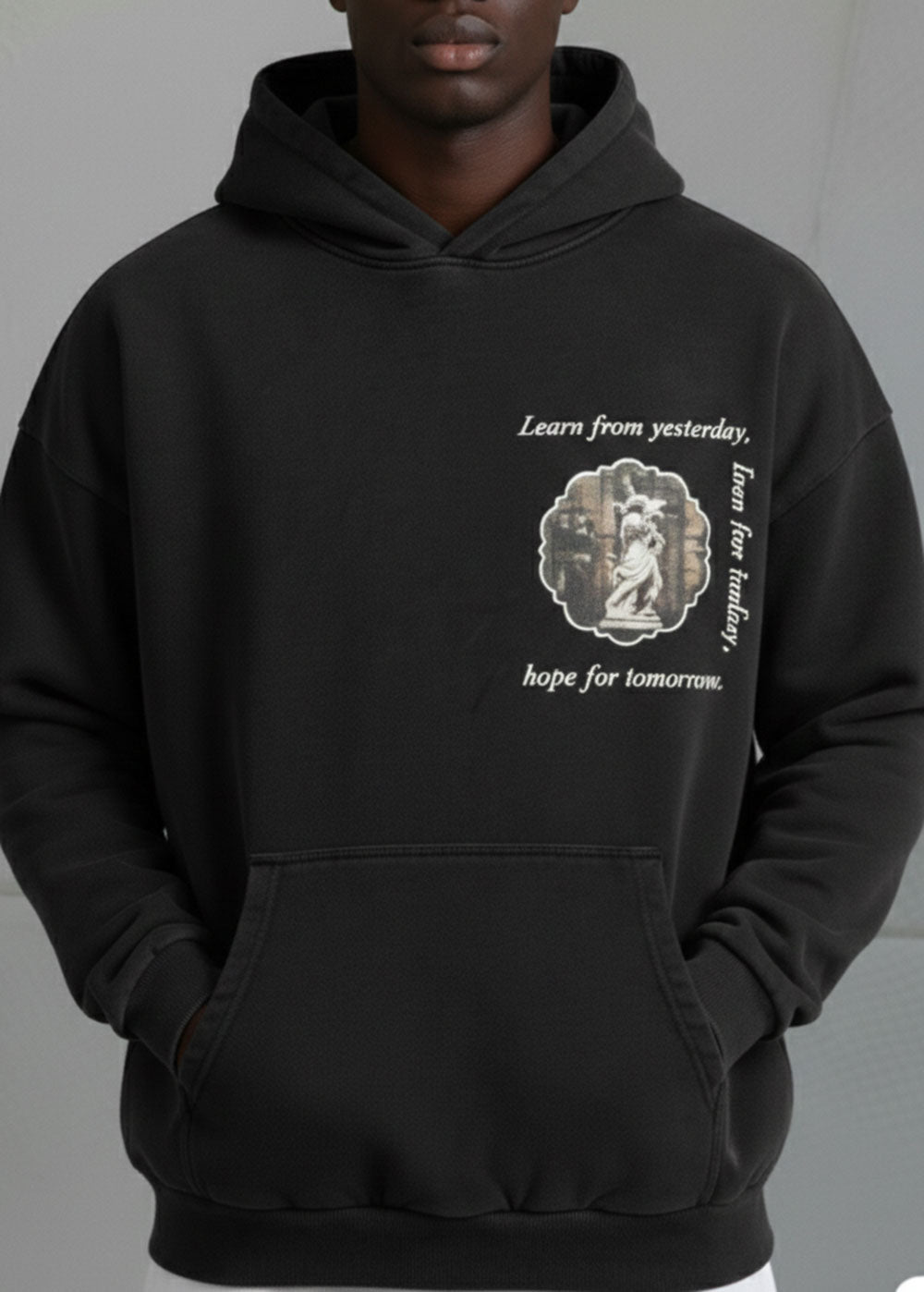 Learn / Live / Hope Oversized Hoodie με Renaissance Art & Quote Εσωτερική Επένδυση – Μαύρο