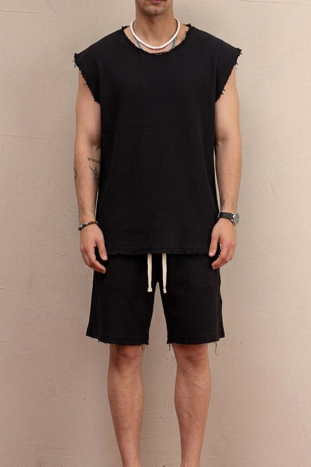Raw Edge Waffle Αμάνικο  Oversized T-Shirt & Βερμούδα Σετ - Μαύρο
