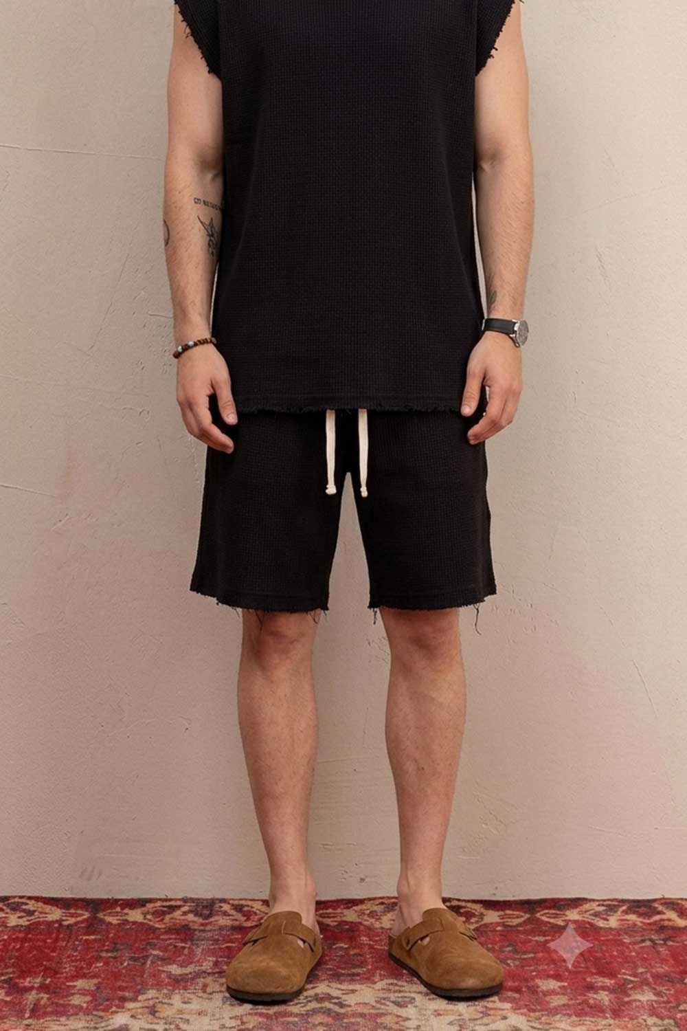Raw Edge Waffle Αμάνικο  Oversized T-Shirt & Βερμούδα Σετ - Μαύρο