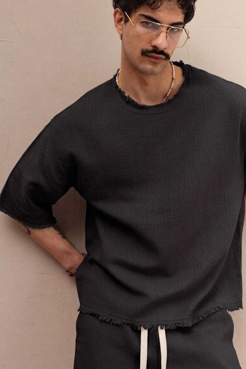 Raw Edge Waffle Αμάνικο  Oversized T-Shirt & Βερμούδα Σετ - Μαύρο