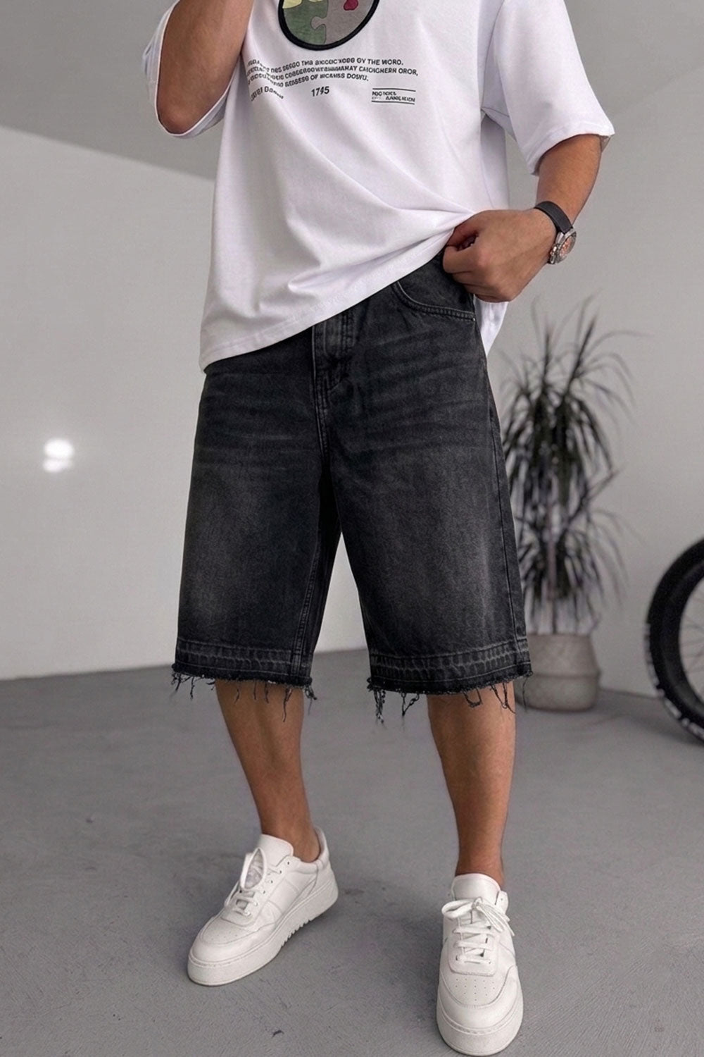 Βερμούδα Denim Urban Baggy Fringed Studio – Washed Μαύρο