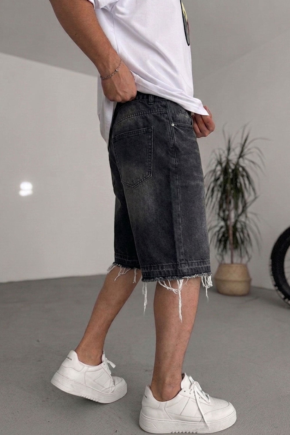 Βερμούδα Denim Urban Baggy Fringed Studio – Washed Μαύρο