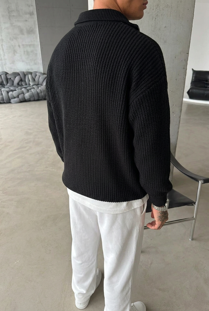 Ribbed Knit Jumper with Half Zip – Black