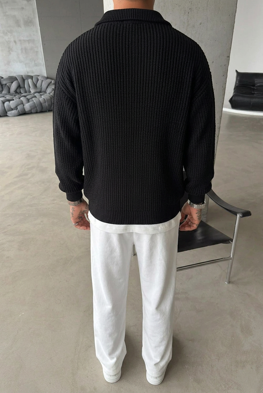 Ribbed Knit Jumper with Half Zip – Black