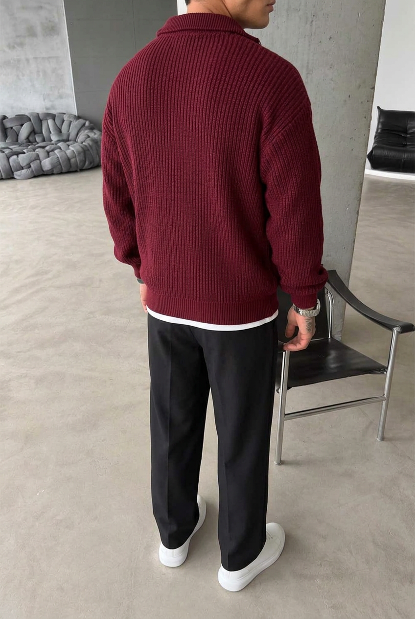 Ribbed Knit Jumper with Half Zip – Beige