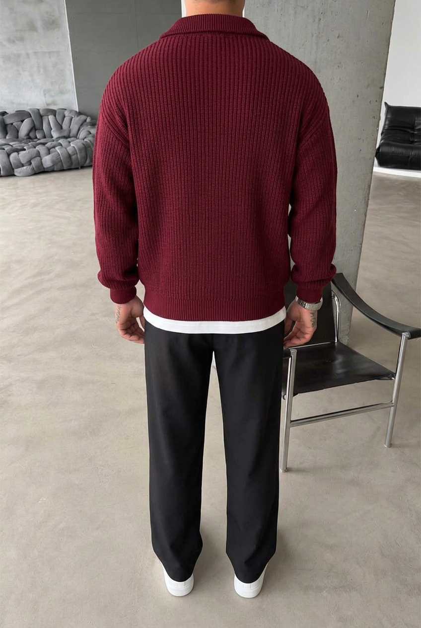 Ribbed Knit Jumper with Half Zip – Beige