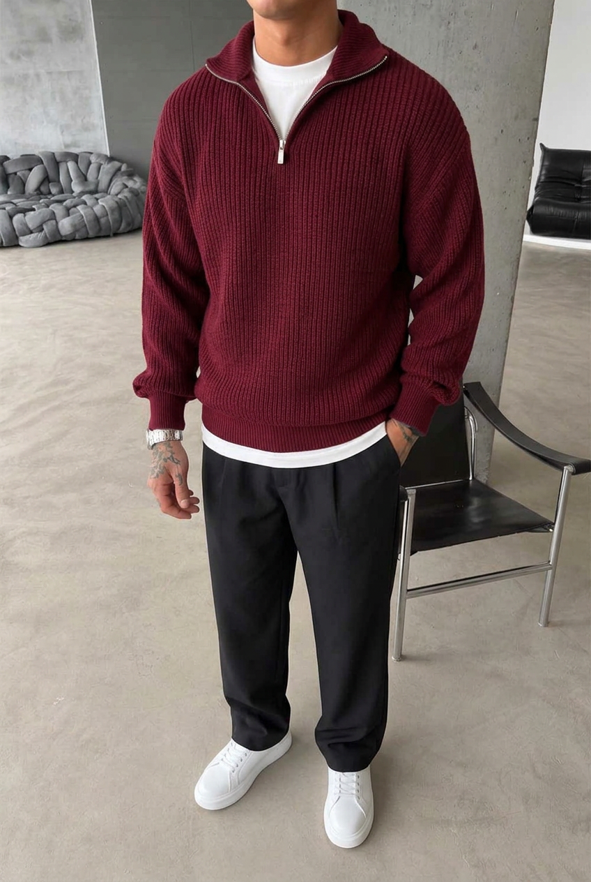 Ribbed Knit Jumper with Half Zip – Beige