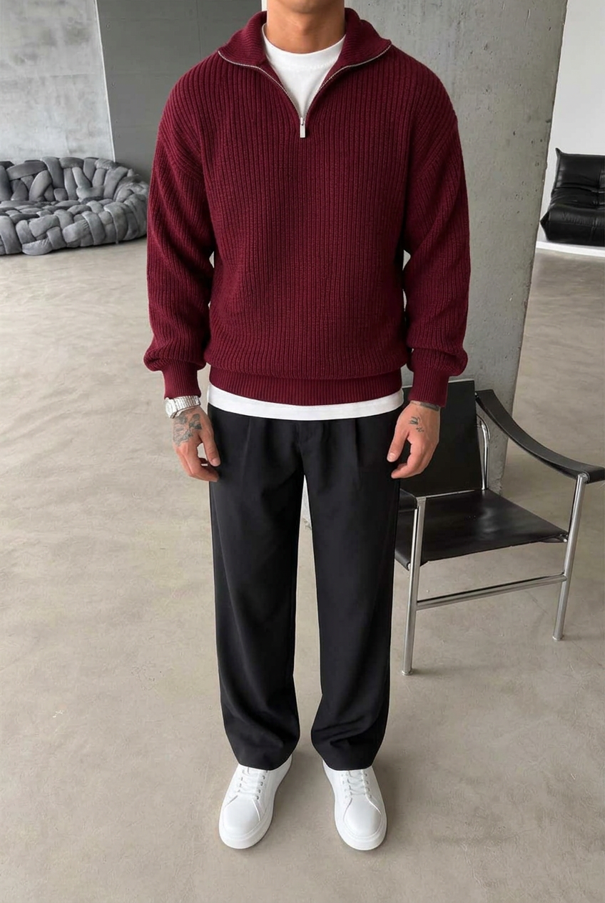 Ribbed Knit Jumper with Half Zip – Beige
