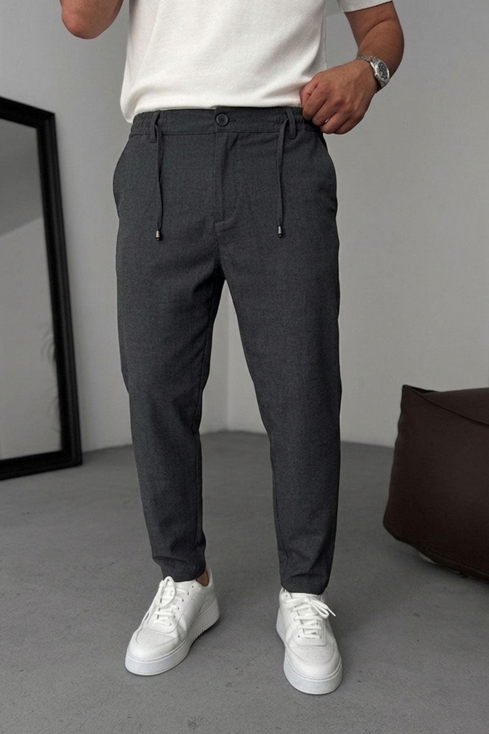 Relaxed Fit Υφασμάτινο Παντελόνι με Λάστιχο – Ανθρακί