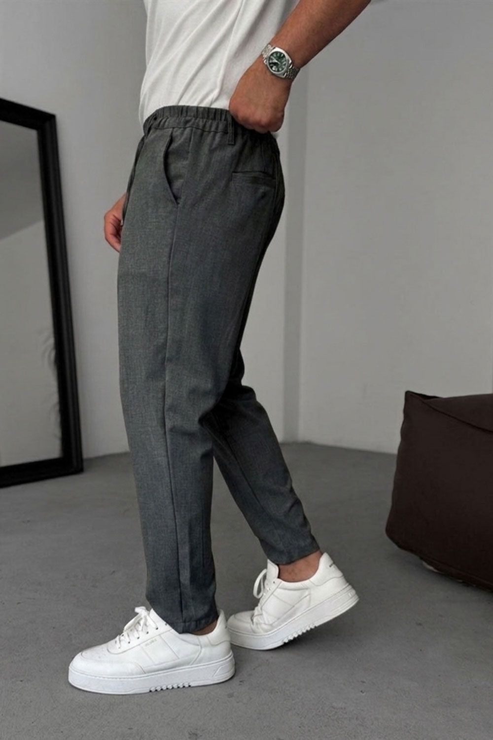 Relaxed Fit Υφασμάτινο Παντελόνι με Λάστιχο – Ανθρακί