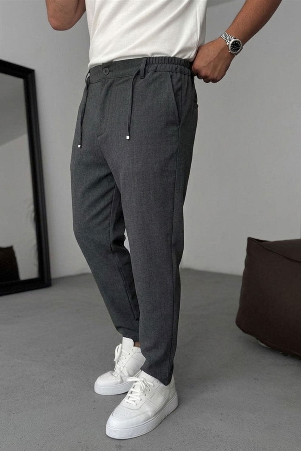 Relaxed Fit Υφασμάτινο Παντελόνι με Λάστιχο – Ανθρακί