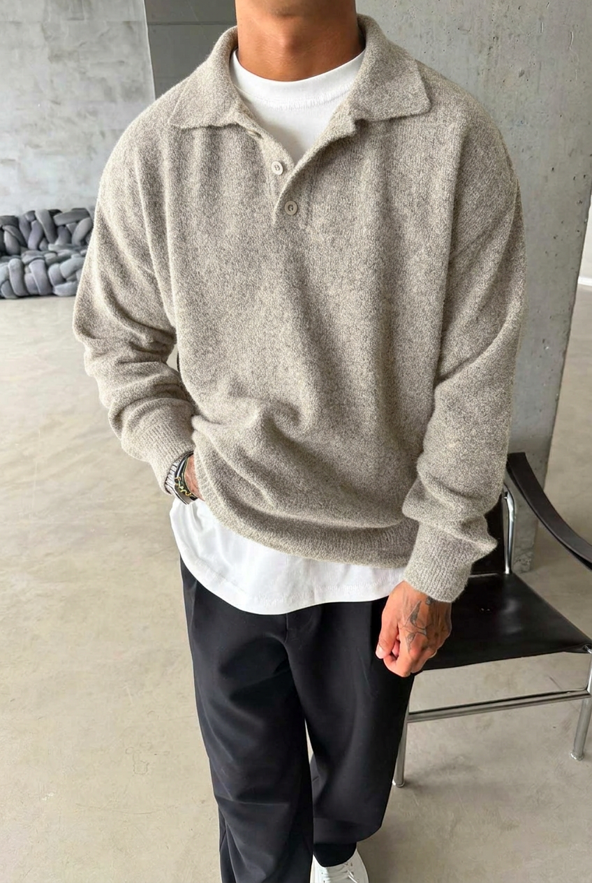 Ανδρική Πλεκτή Polo Μπλούζα με Κουμπιά – Μπεζ