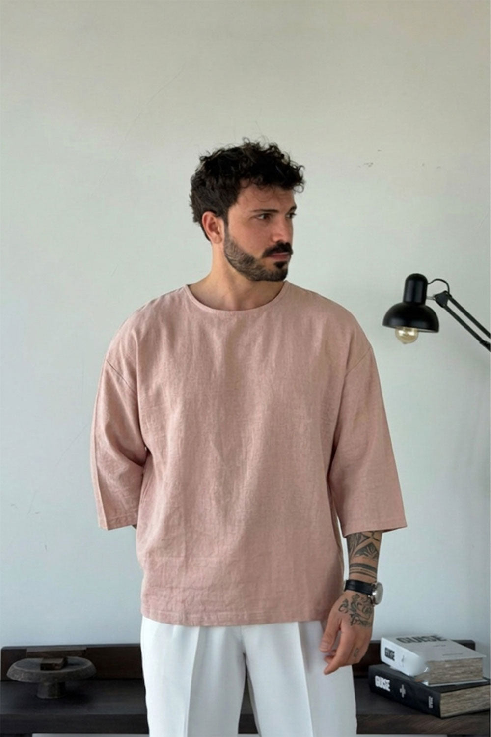 Linen Oversized Long Sleeve T-shirt blush pink