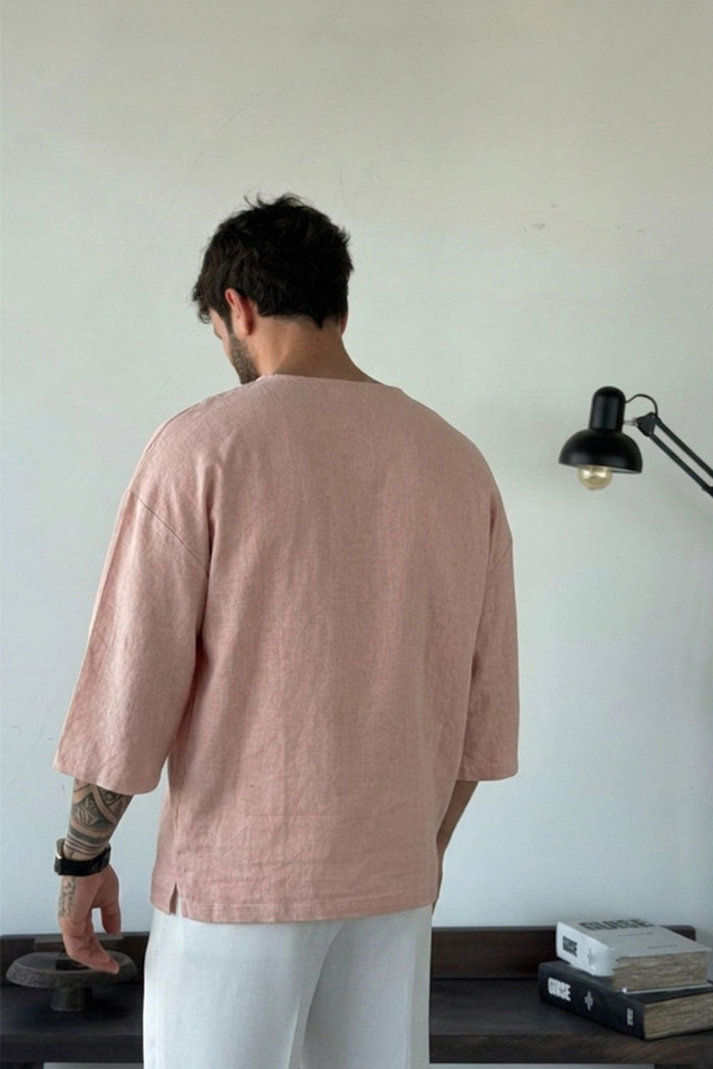 Linen Oversized Long Sleeve T-shirt blush pink