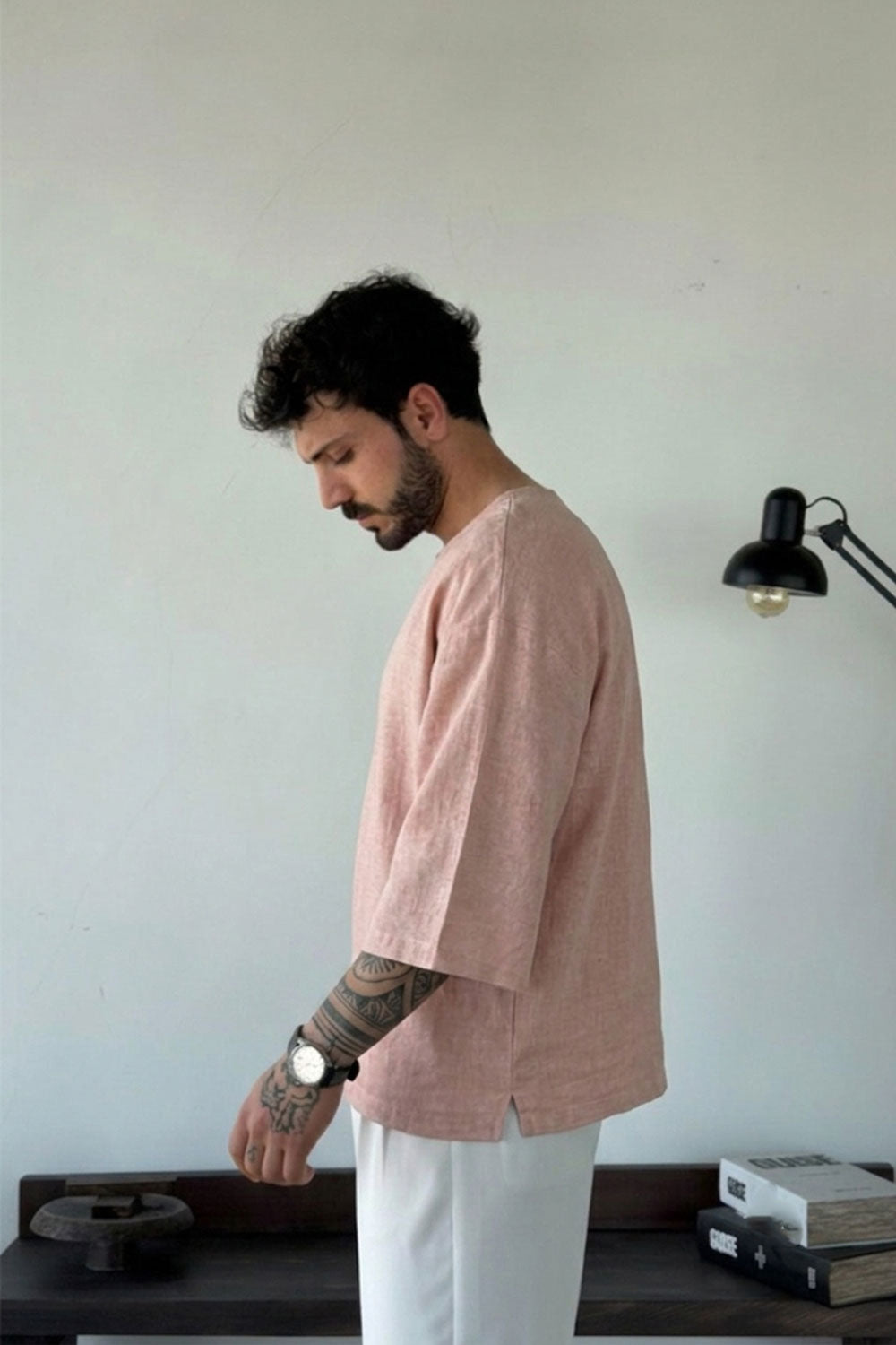 Linen Oversized Long Sleeve T-shirt blush pink