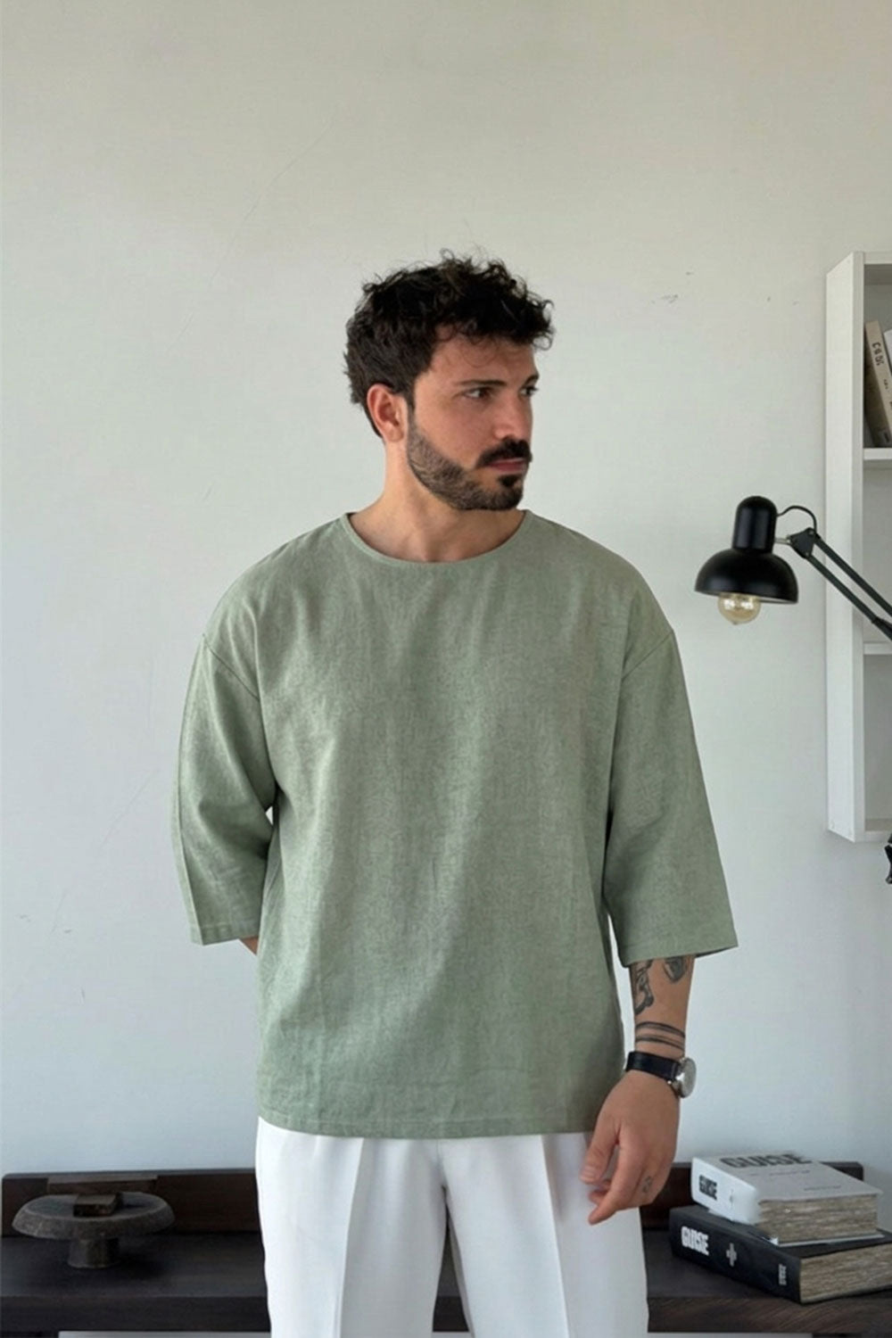 Linen Oversized Long Sleeve T-shirt sea green