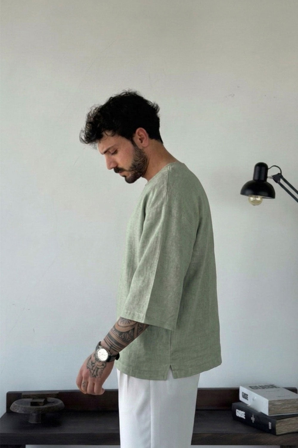 Linen Oversized Long Sleeve T-shirt sea green