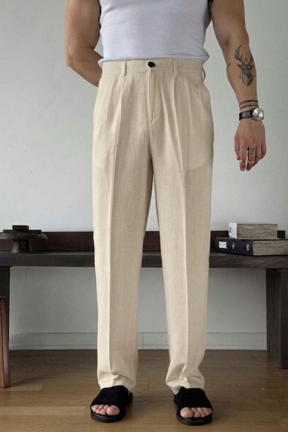 Παντελόνι Cotton-Linen Urban Pleated Studio – Μπεζ-Εκρού