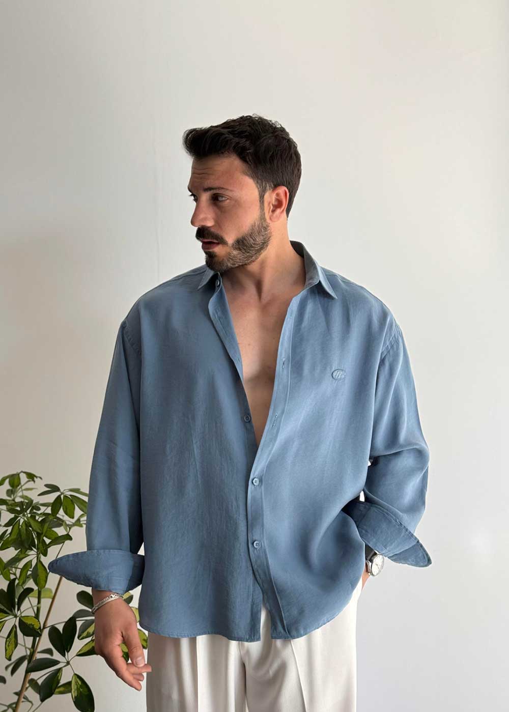 Πουκάμισο Oversized Σε Tencel Ύφανση - Μπλε INDIGO
