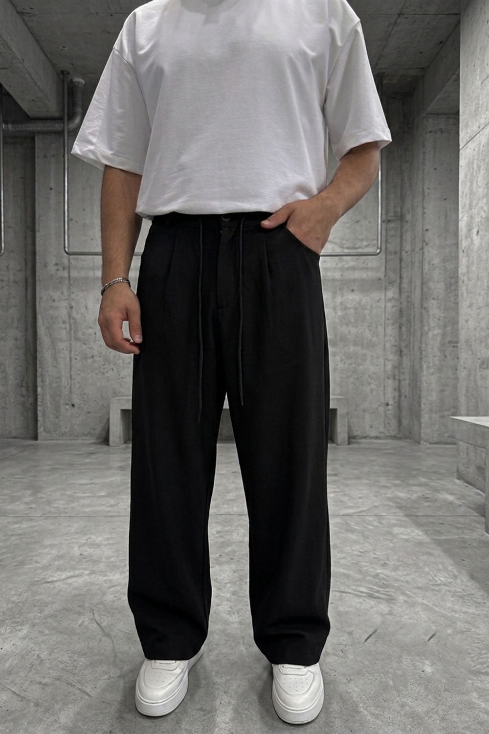 Παντελόνι Premium Viscose-Blend Baggy Drawstring Studio – Μαύρο