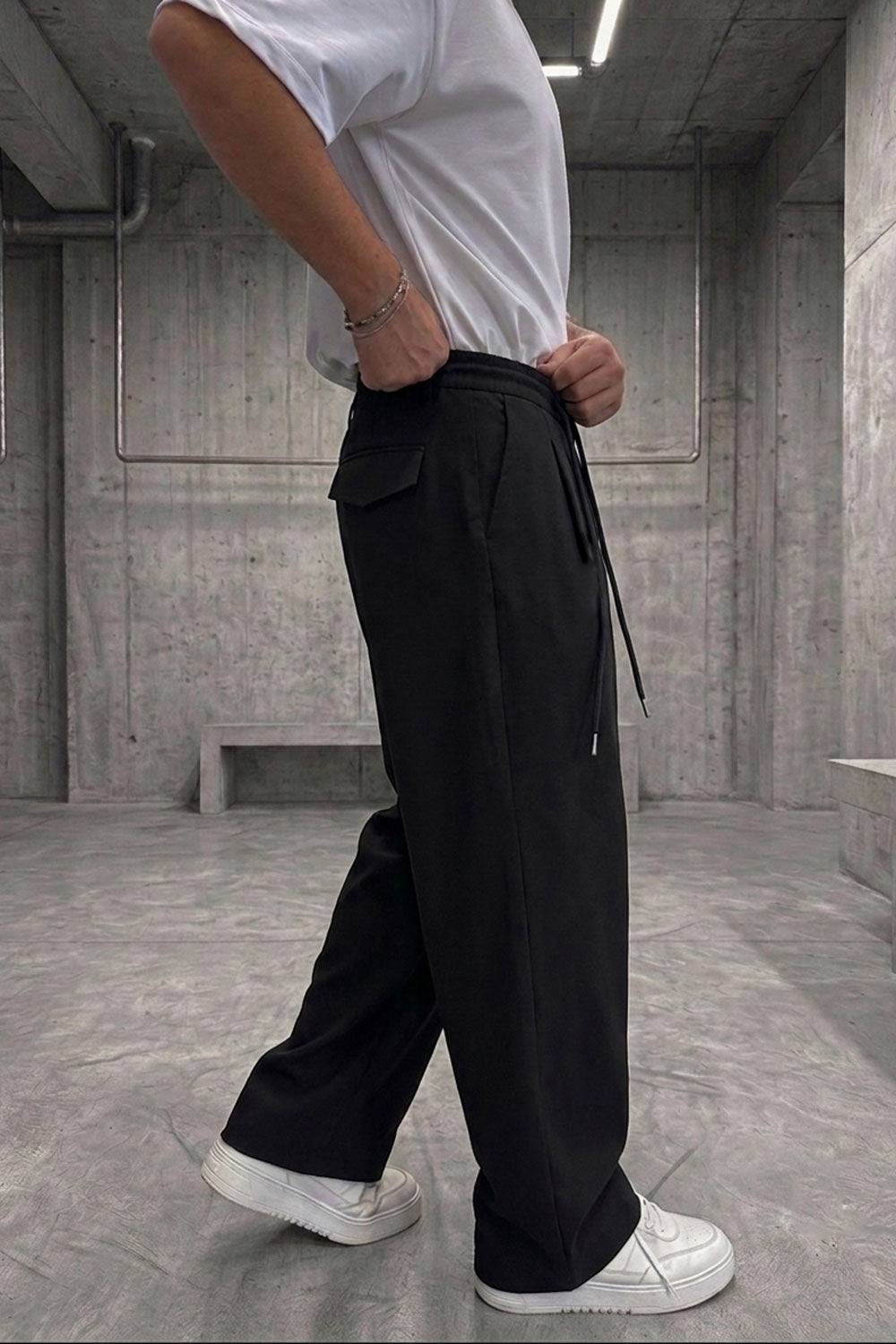 Παντελόνι Premium Viscose-Blend Baggy Drawstring Studio – Μαύρο