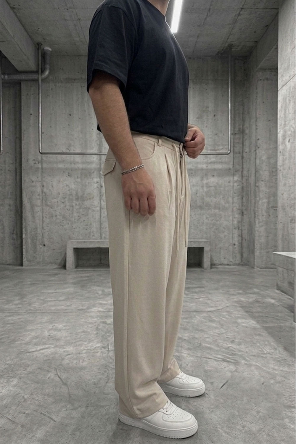 Παντελόνι Premium Viscose-Blend Baggy Drawstring Studio –  Μπεζ-Εκρού