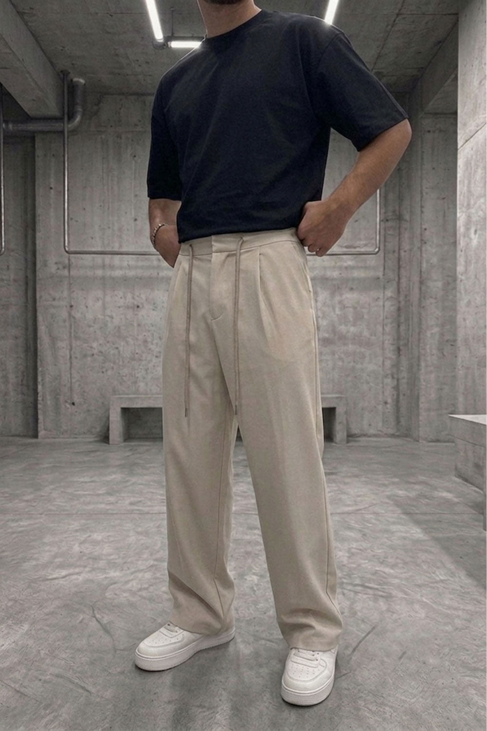 Παντελόνι Premium Viscose-Blend Baggy Drawstring Studio –  Μπεζ-Εκρού
