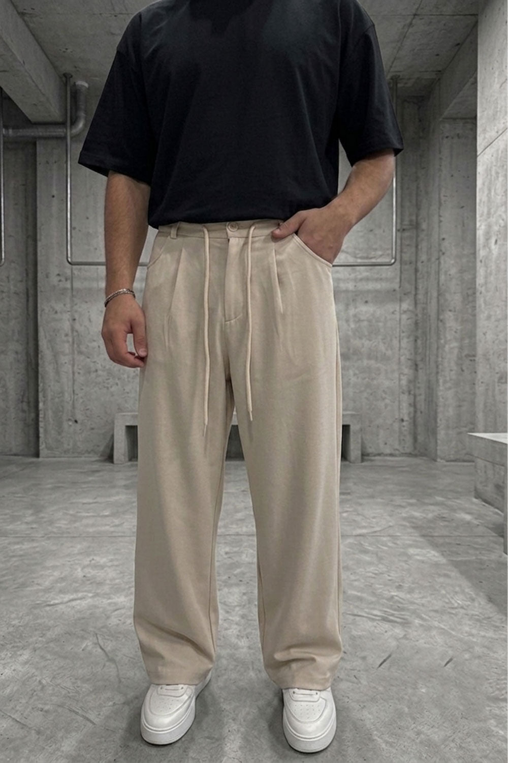 Παντελόνι Premium Viscose-Blend Baggy Drawstring Studio –  Μπεζ-Εκρού