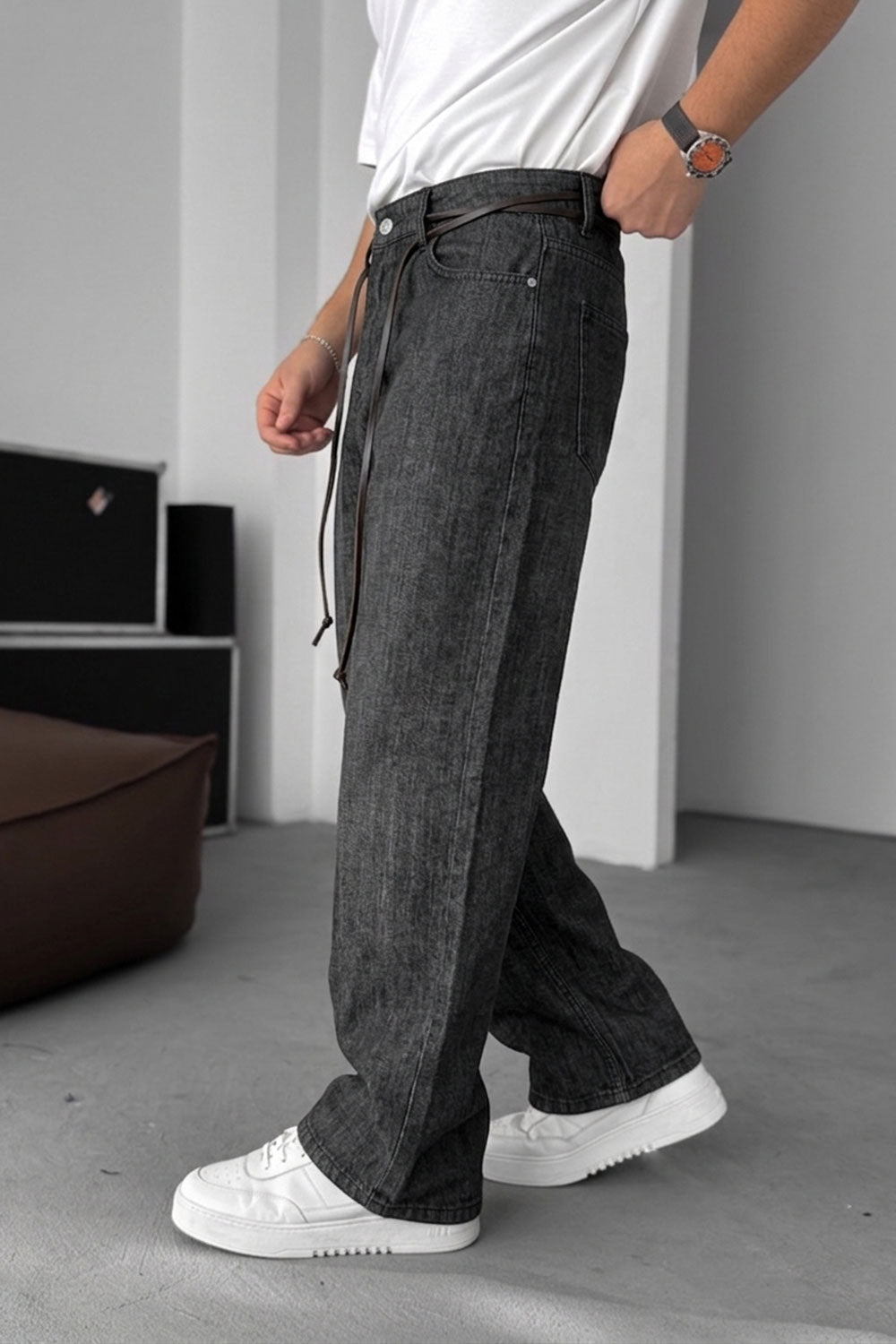 Τζιν Lightweight Baggy-Regular με Δερμάτινη Ζώνη Studio – Σκούρο Γκρι