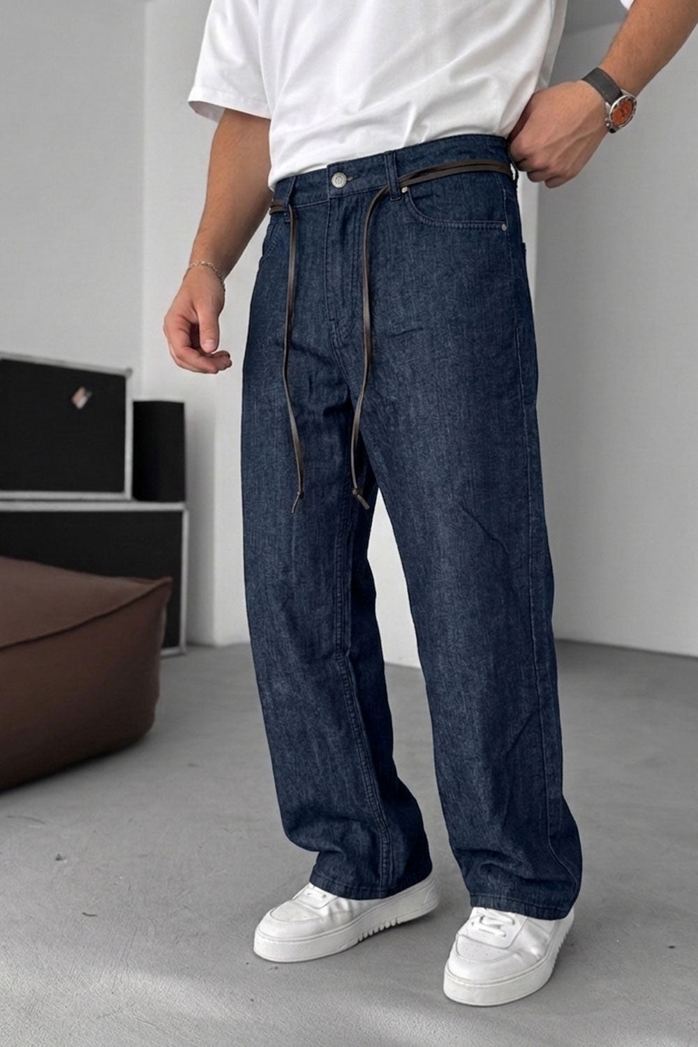 Τζιν Lightweight Baggy-Regular με Δερμάτινη Ζώνη Studio –  Μπλε