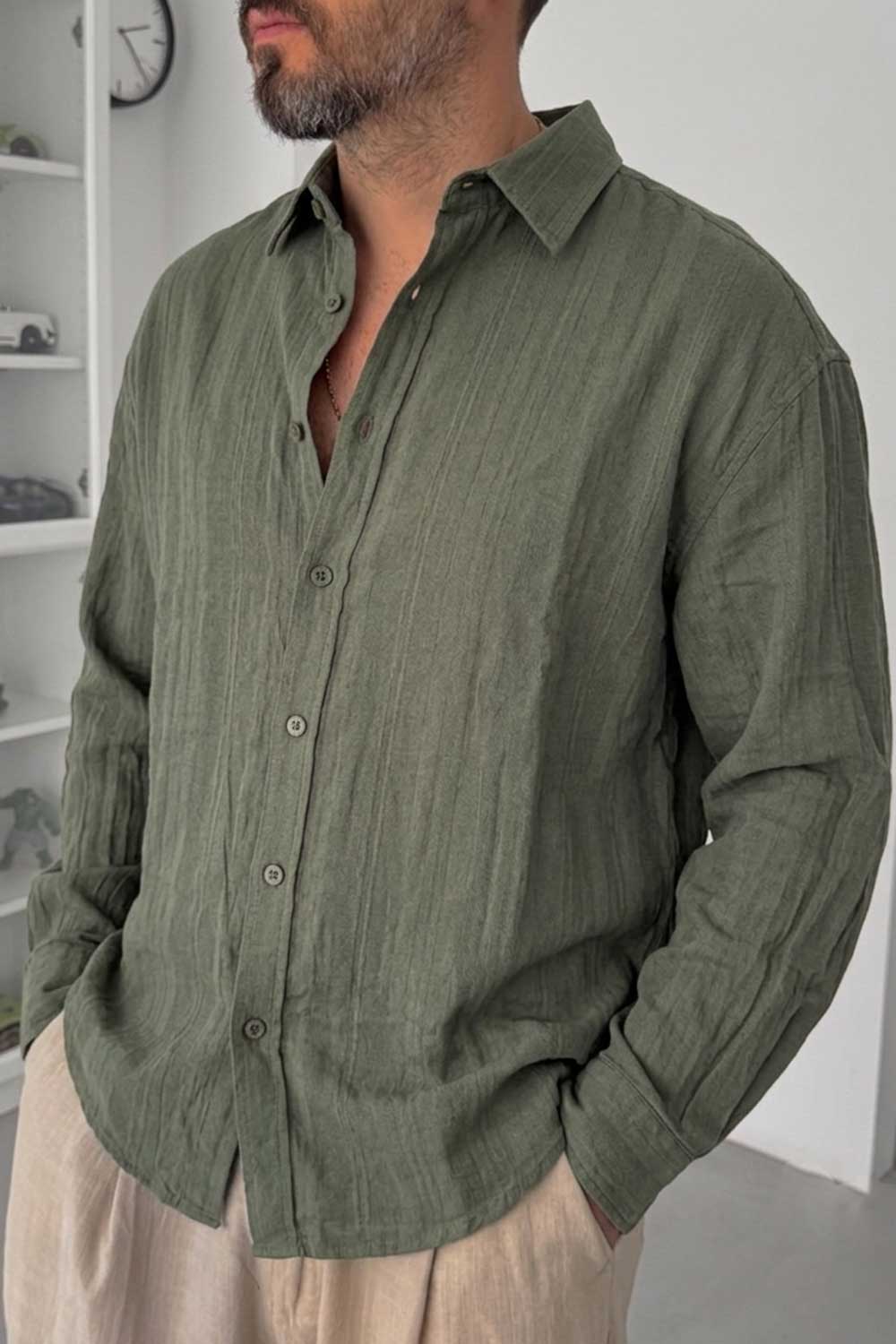 Πουκάμισο Linen-Blend Vertical Stripe Studio – Χακί