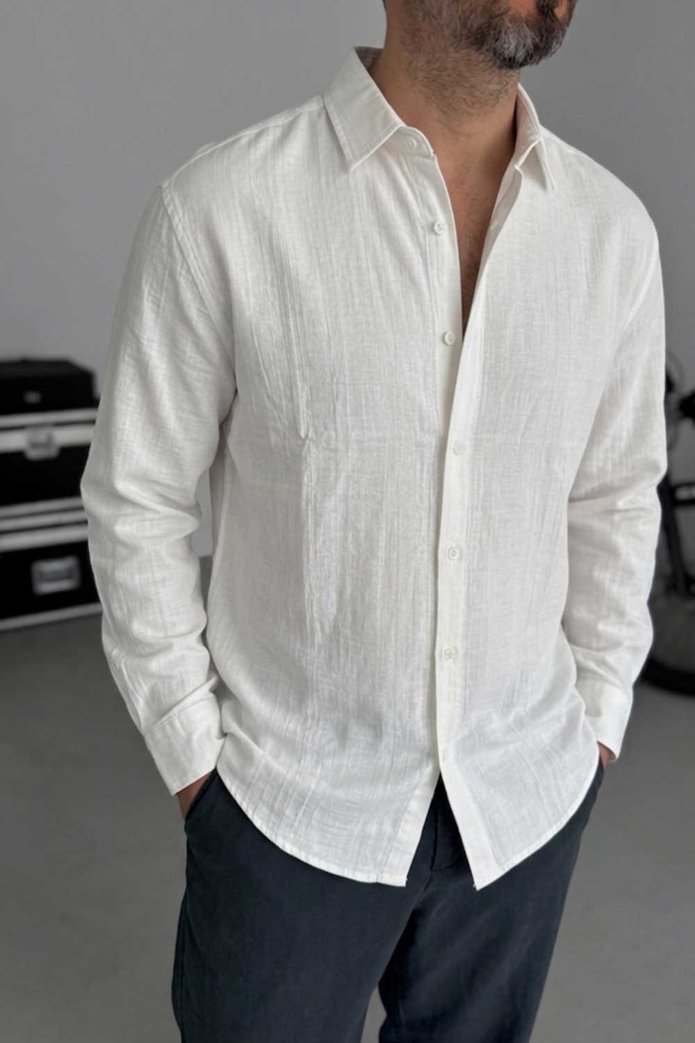 Πουκάμισο Linen-Blend Vertical Stripe Studio – Λευκό
