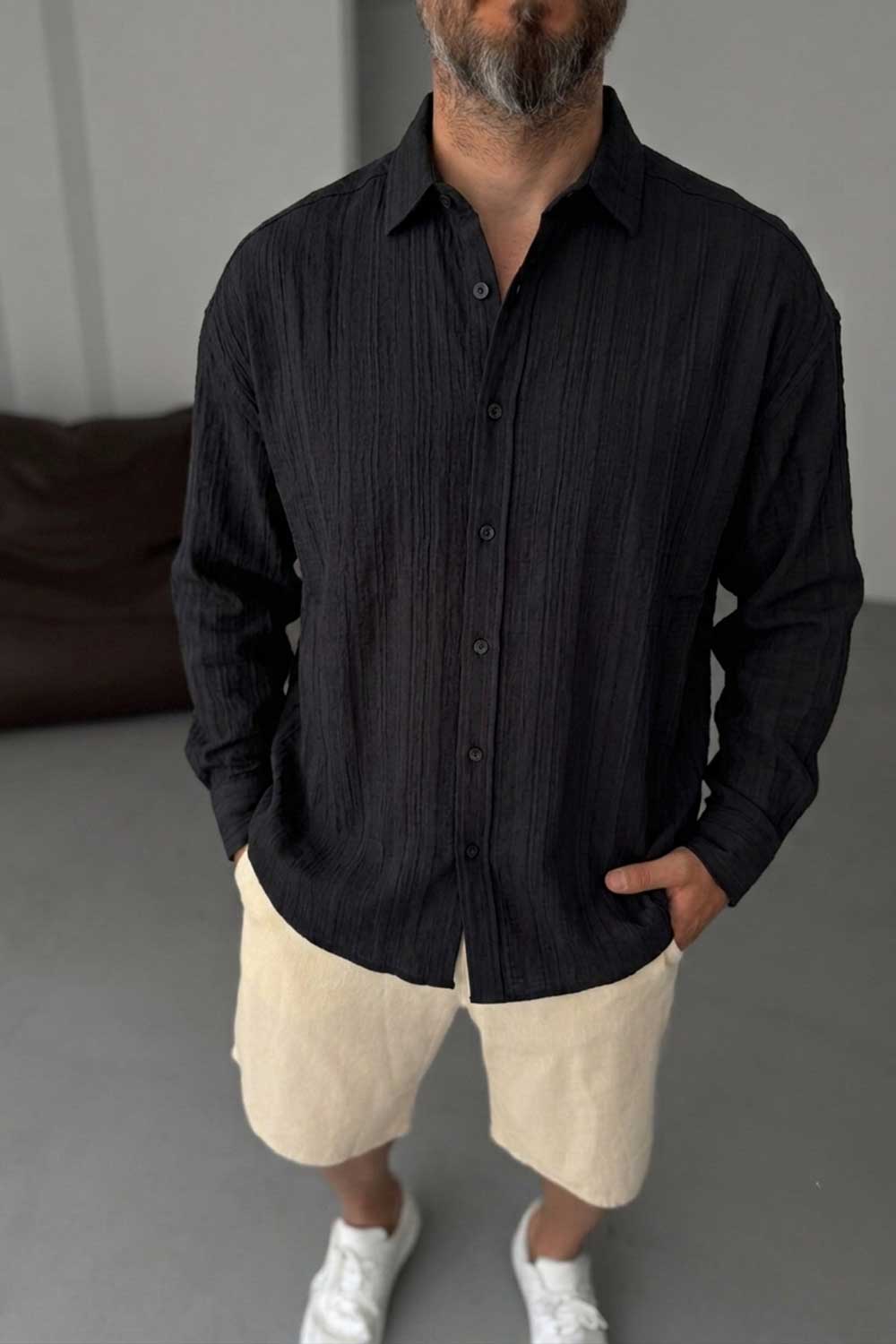 Πουκάμισο Linen-Blend Vertical Stripe Studio – Μαύρο