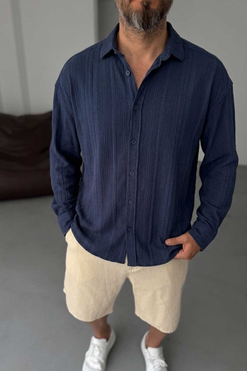 Πουκάμισο Linen-Blend Vertical Stripe Studio – Σκούρο Μπλε