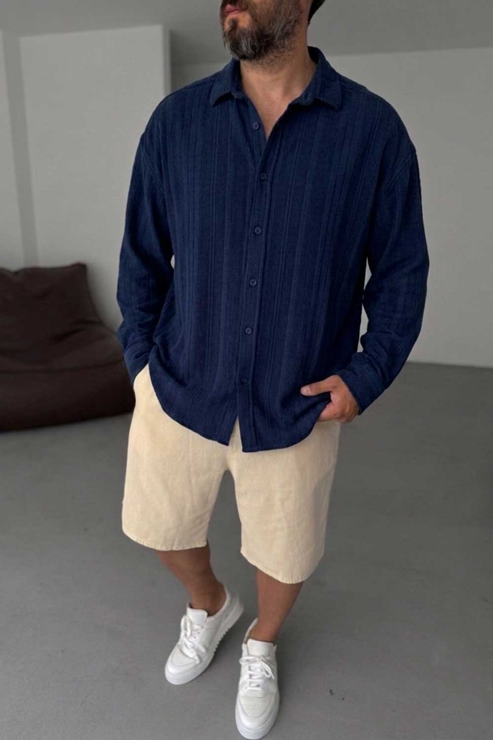 Πουκάμισο Linen-Blend Vertical Stripe Studio – Σκούρο Μπλε