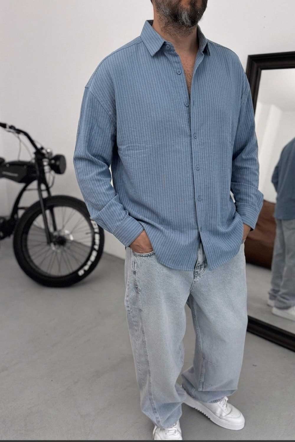 Oversized Πουκάμισο Linen-Blend Textured Stripe Studio – Μπλε