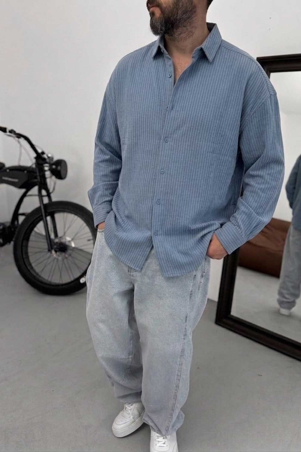 Oversized Πουκάμισο Linen-Blend Textured Stripe Studio – Μπλε