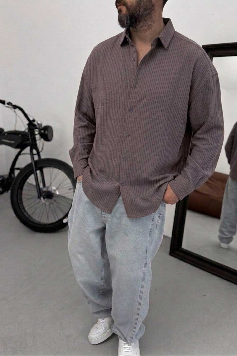 Oversized Πουκάμισο Linen-Blend Textured Stripe Studio – Σκούρο Καφέ