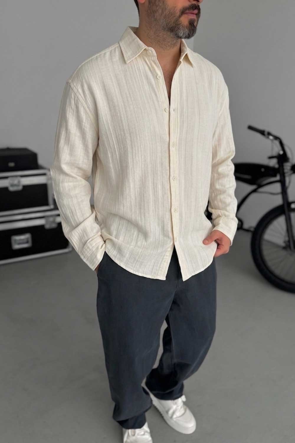 Πουκάμισο Linen-Blend Vertical Stripe Studio – Μπεζ-Εκρού