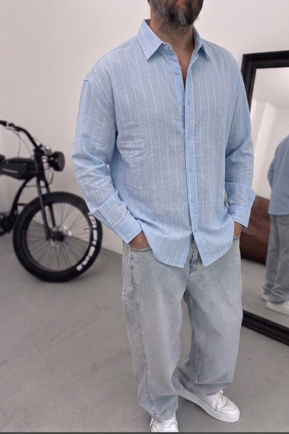 Πουκάμισο Linen-Blend Vertical Stripe Studio – Γαλάζιο