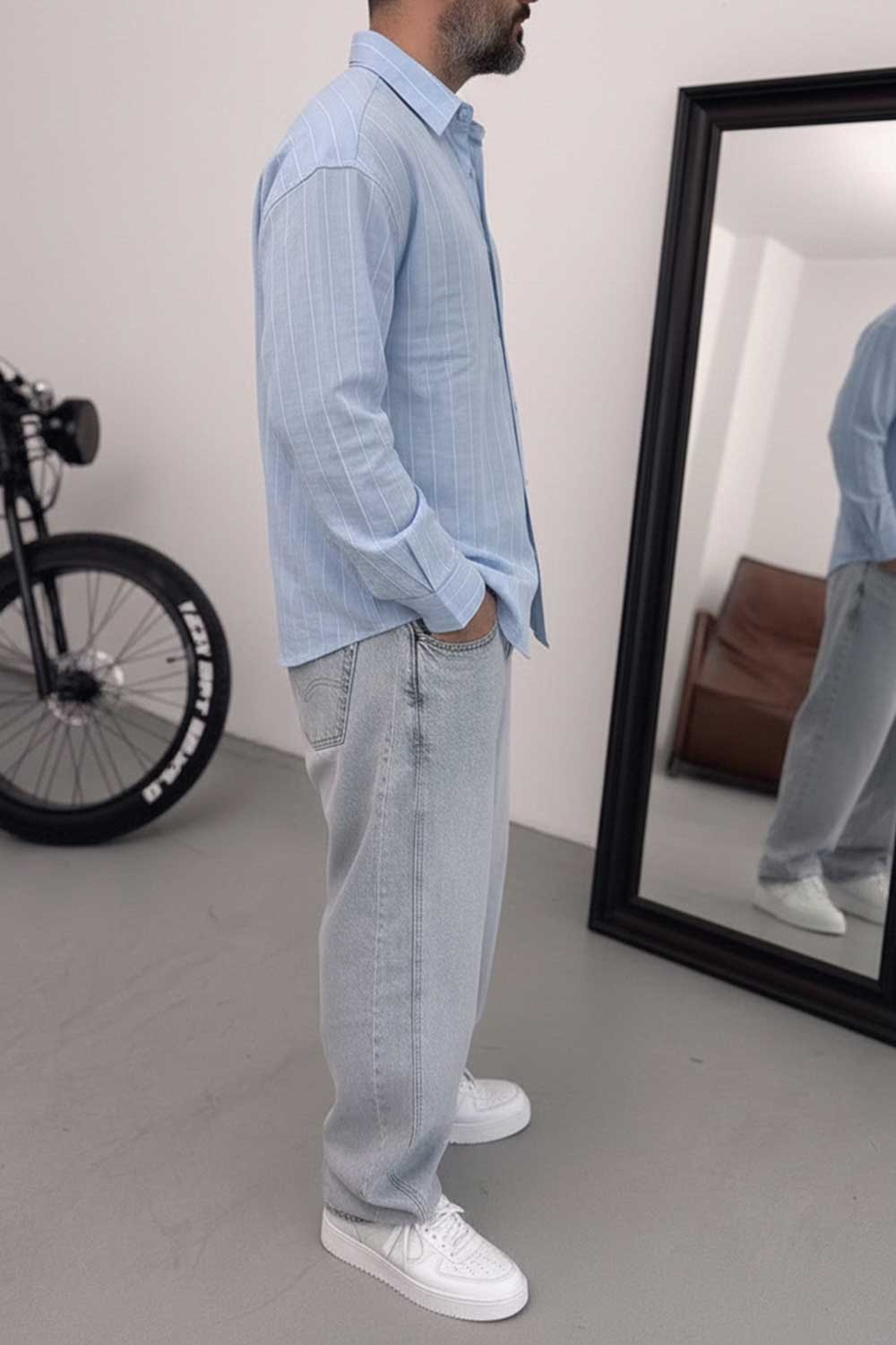 Πουκάμισο Linen-Blend Vertical Stripe Studio – Γαλάζιο
