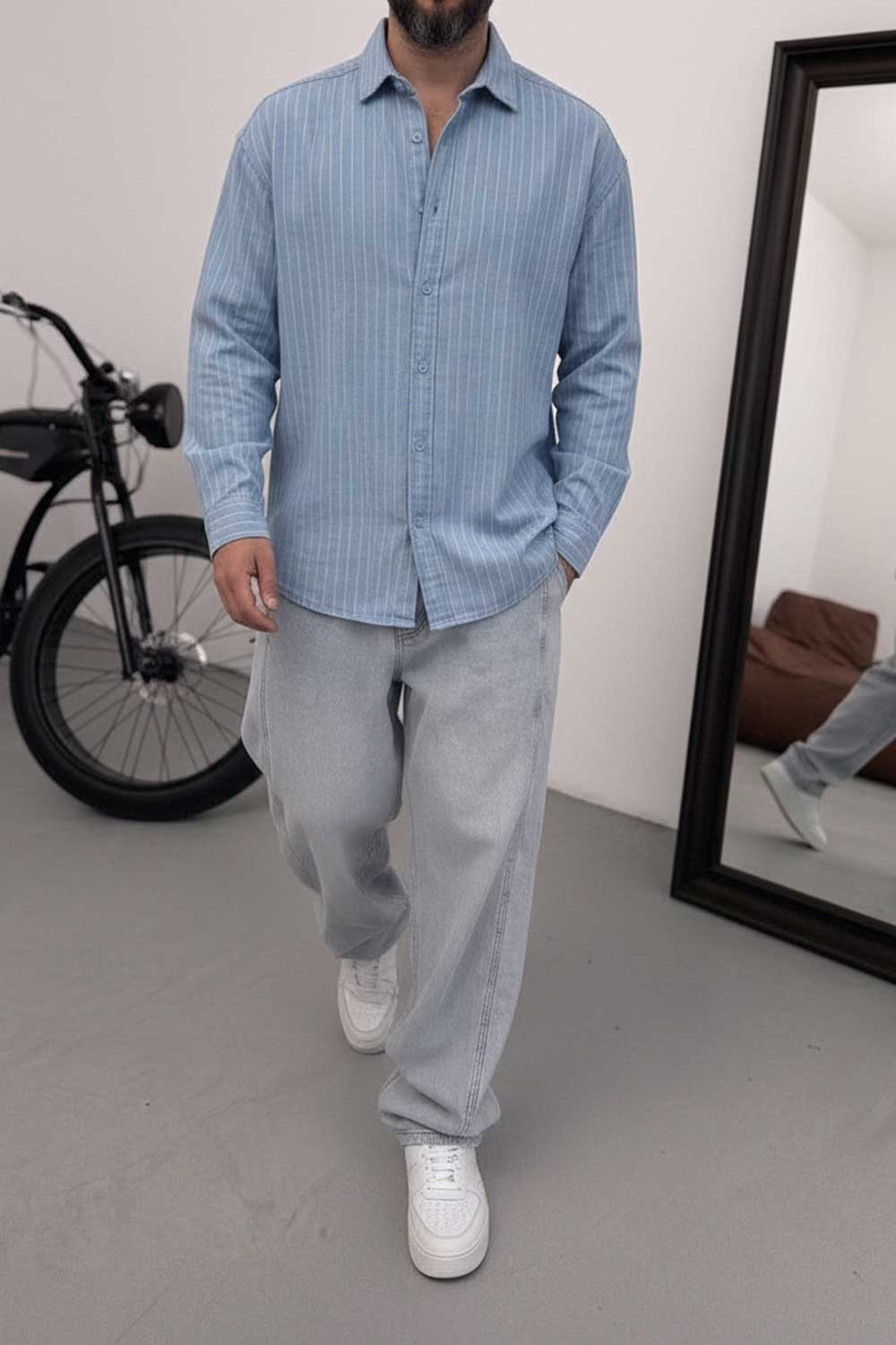 Πουκάμισο Oversized Linen-Blend Vertical Stripe Studio – Γαλάζιο