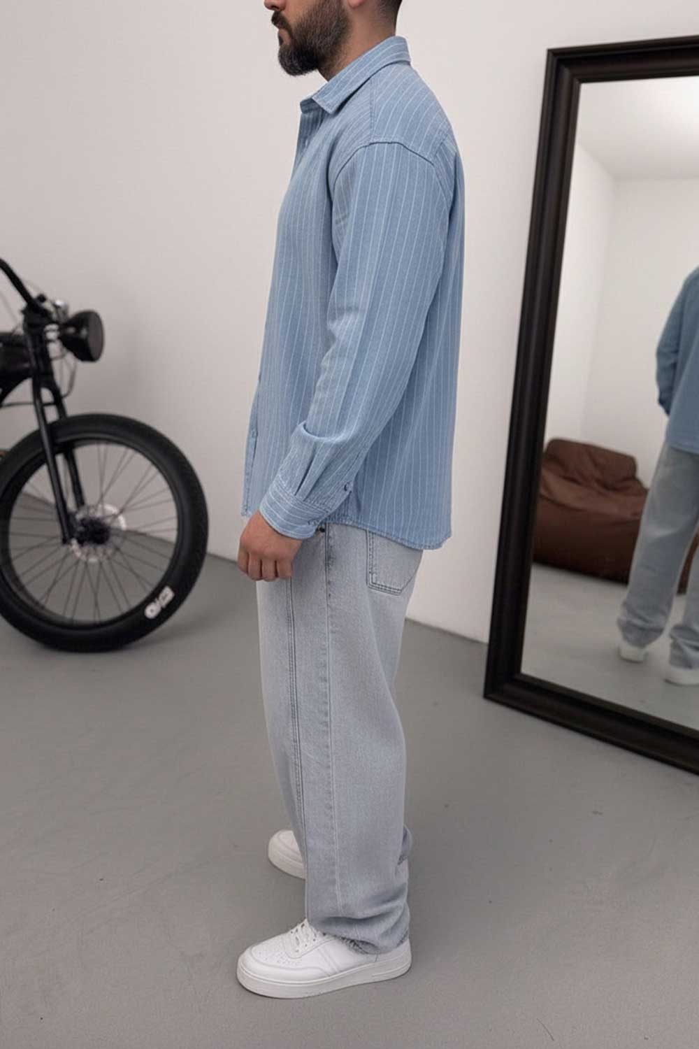 Πουκάμισο Oversized Linen-Blend Vertical Stripe Studio – Γαλάζιο