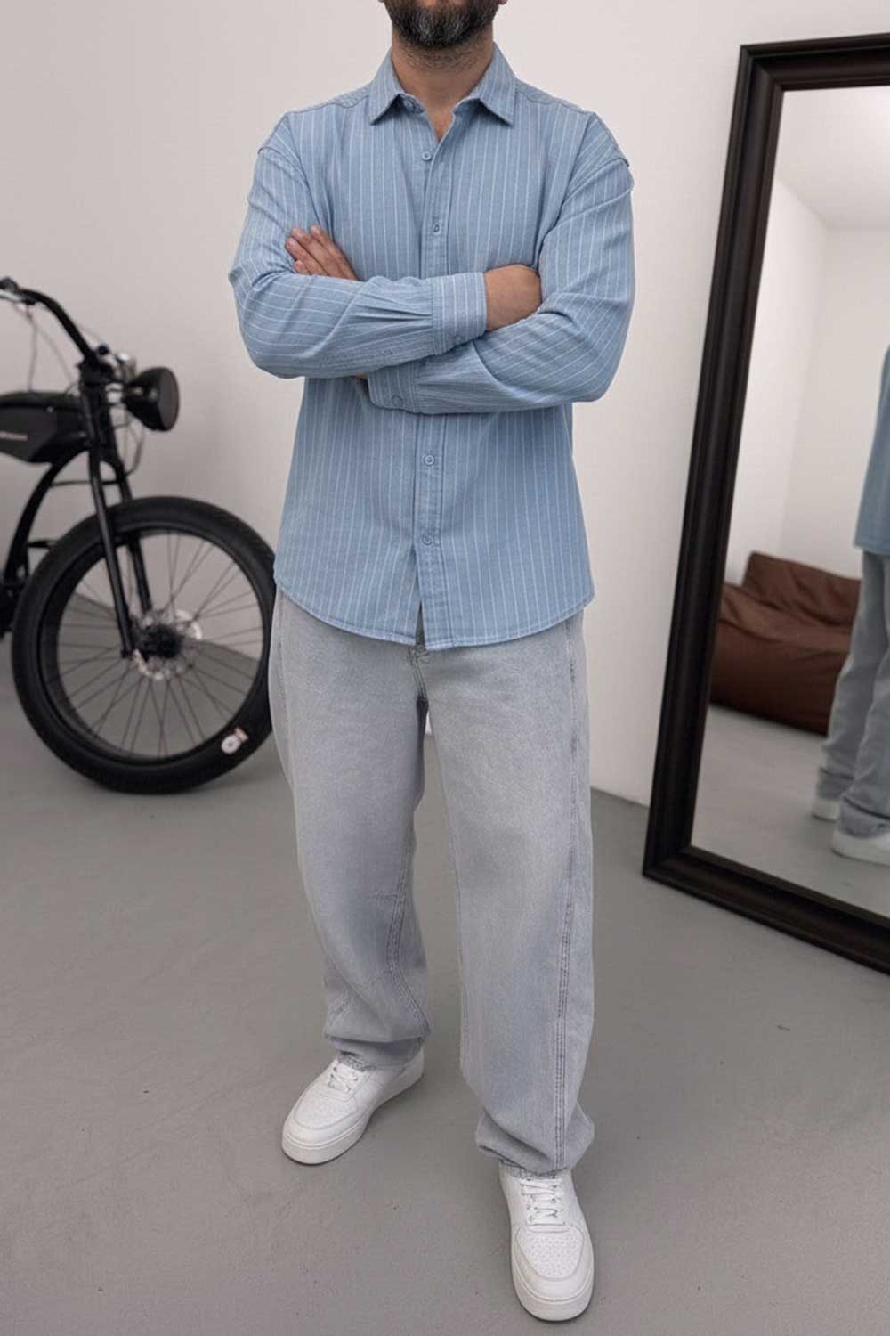 Πουκάμισο Oversized Linen-Blend Vertical Stripe Studio – Γαλάζιο