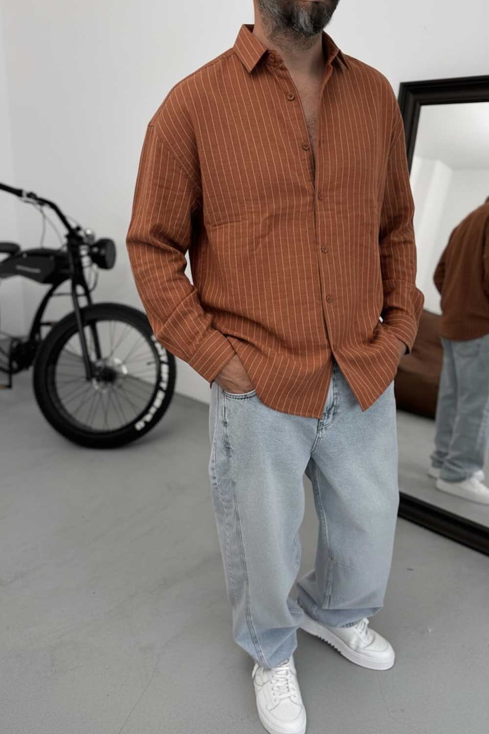 Πουκάμισο Oversized Linen-Blend Vertical Stripe Studio – Κεραμιδί