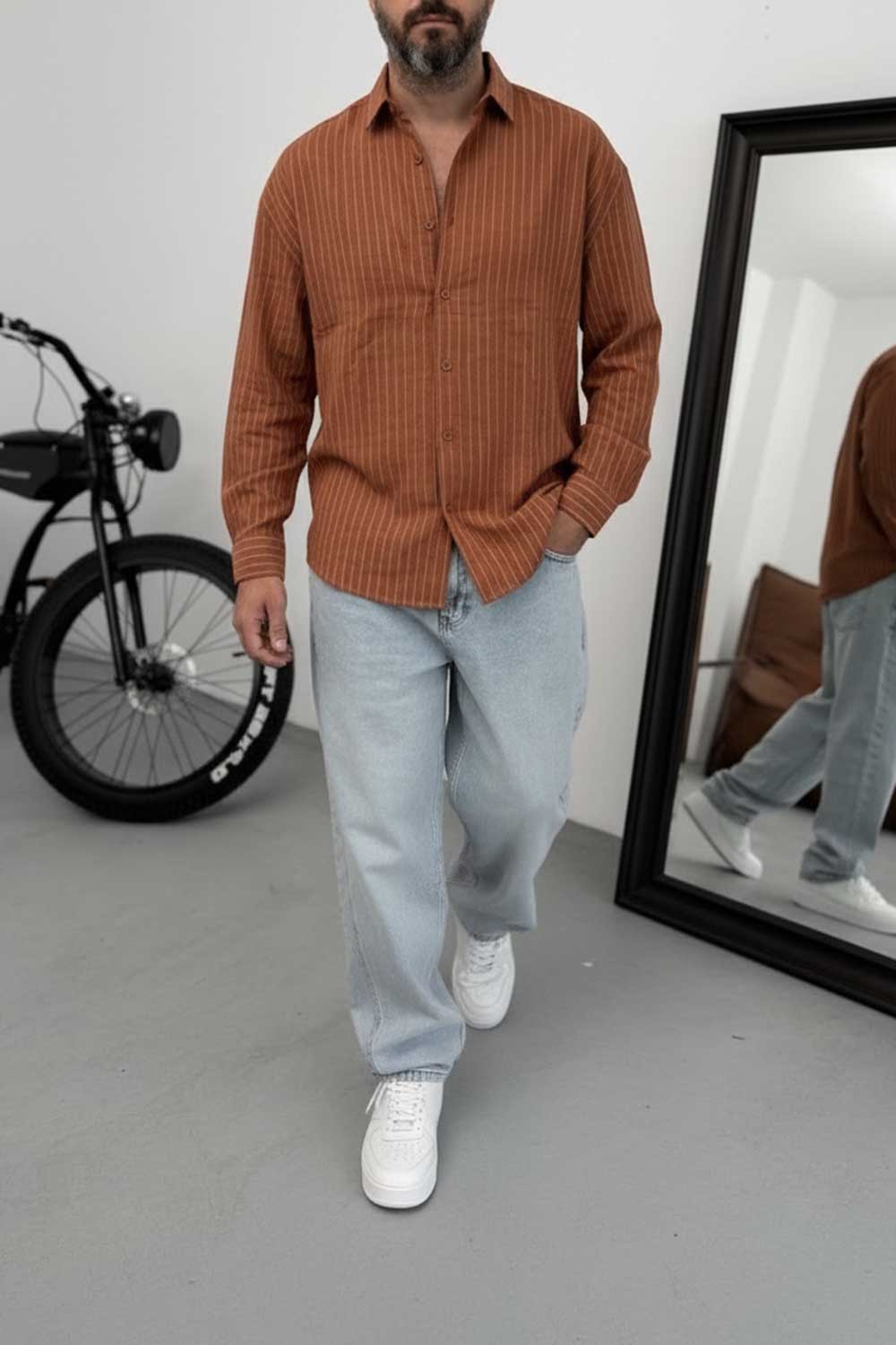 Πουκάμισο Oversized Linen-Blend Vertical Stripe Studio – Κεραμιδί