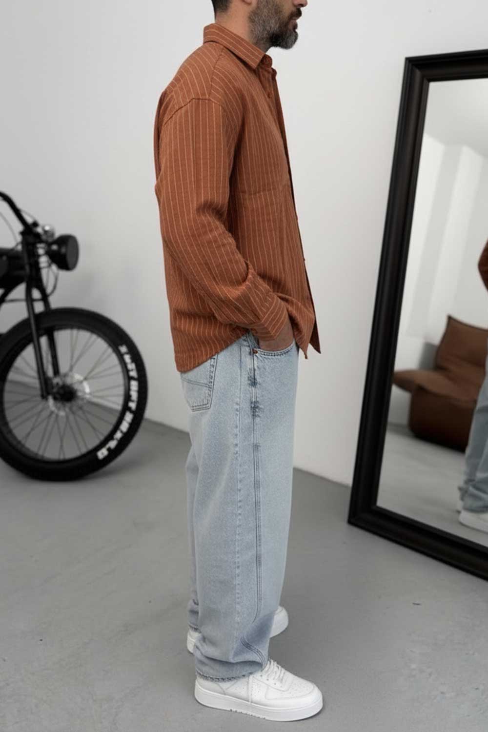 Πουκάμισο Oversized Linen-Blend Vertical Stripe Studio – Κεραμιδί