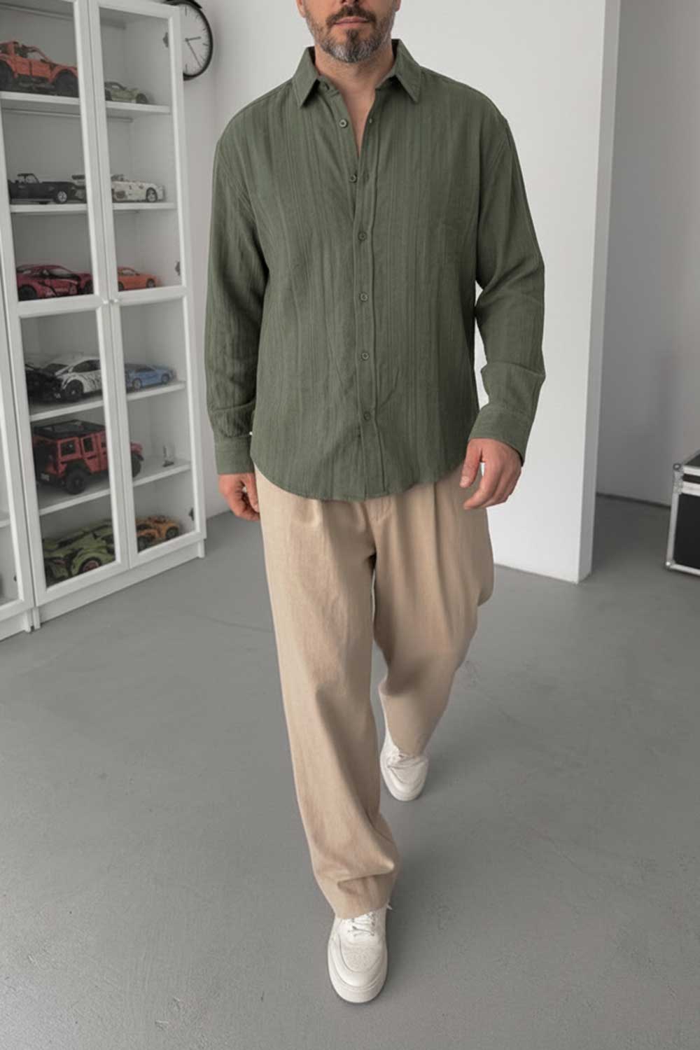 Πουκάμισο Linen-Blend Vertical Stripe Studio – Χακί